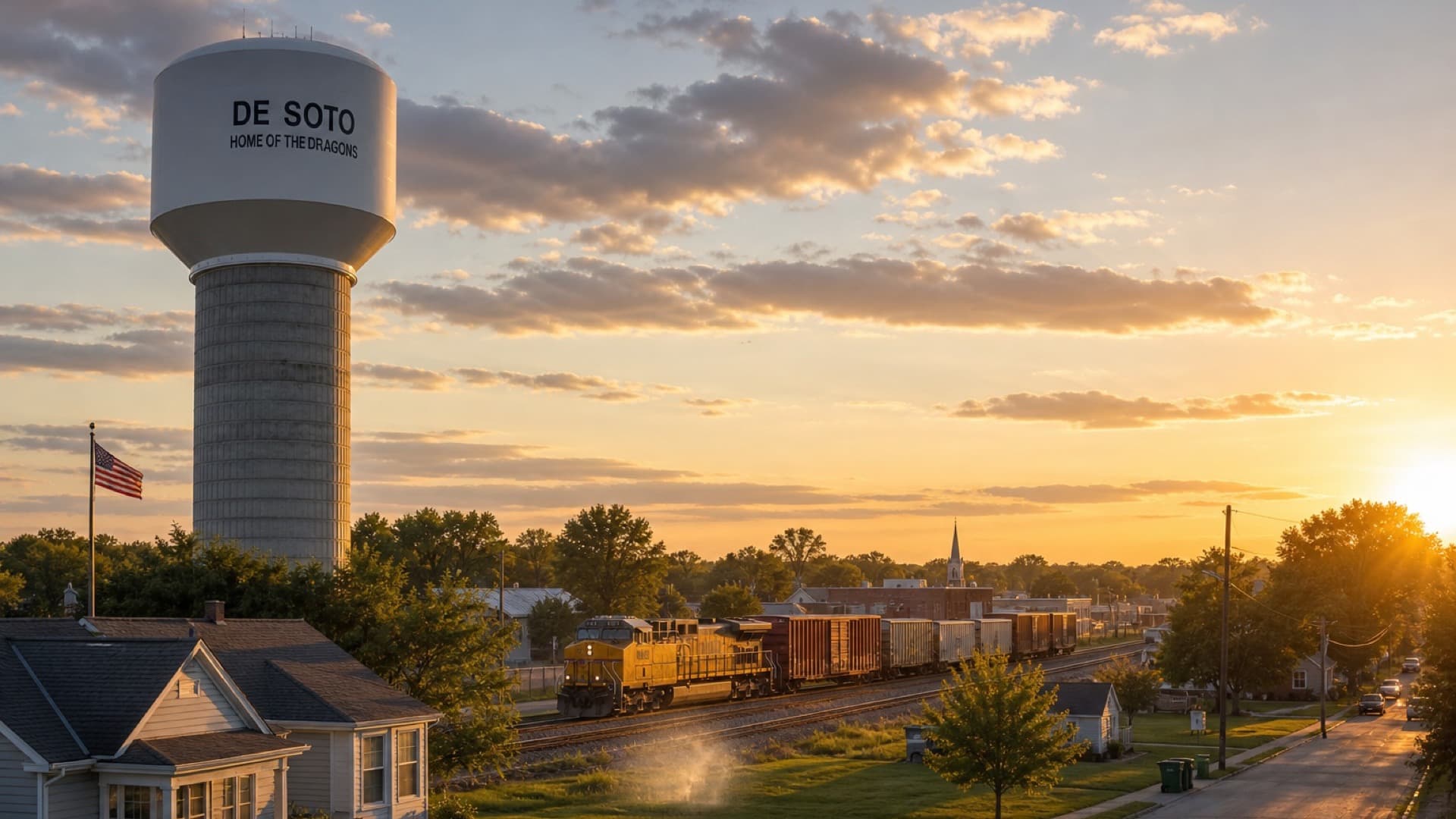 De Soto water tower — Home of the Dragons — with railroad and neighborhood.