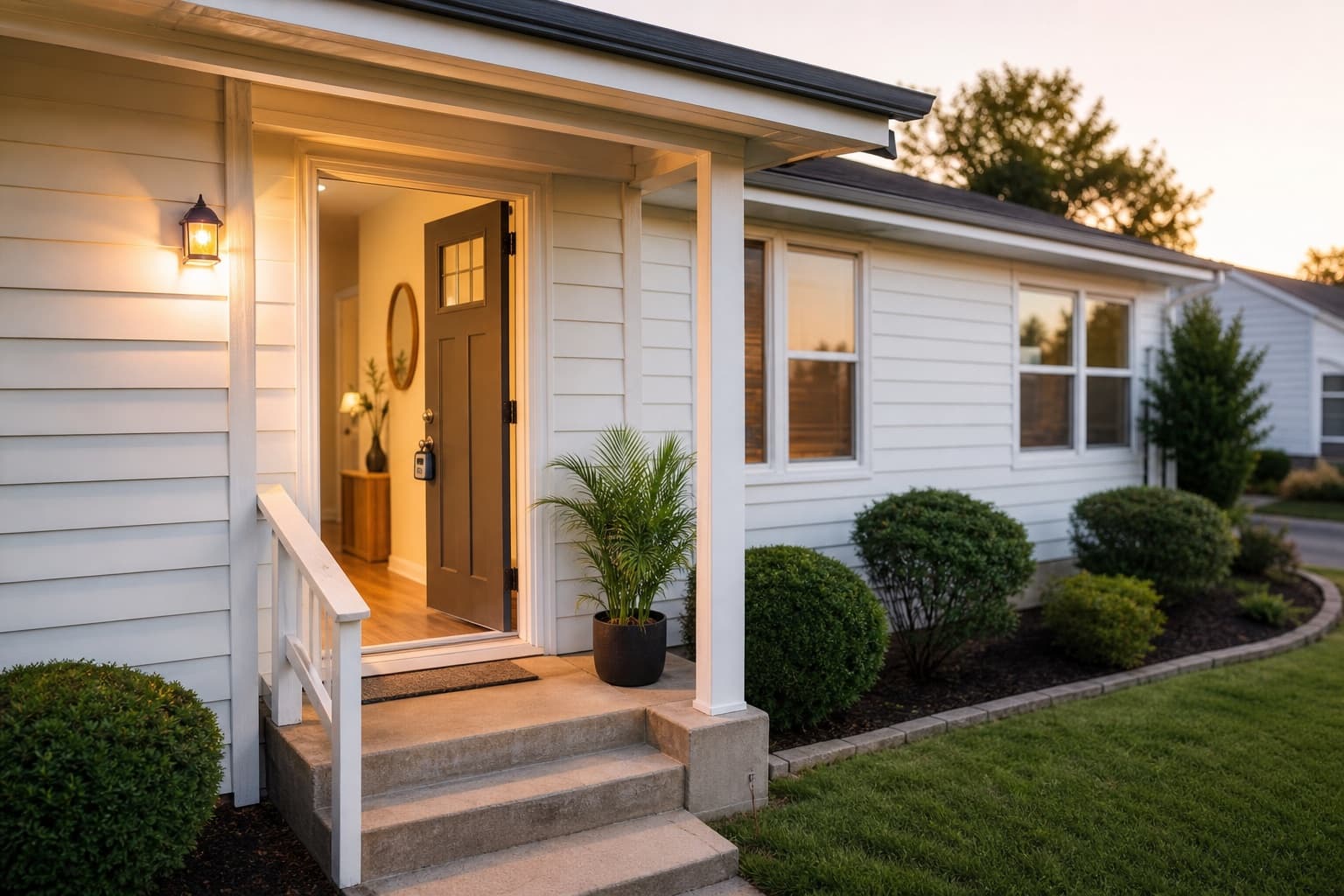 Open front door at a Midwest single-family rental during a showing — warm light inside, lockbox on the handle.